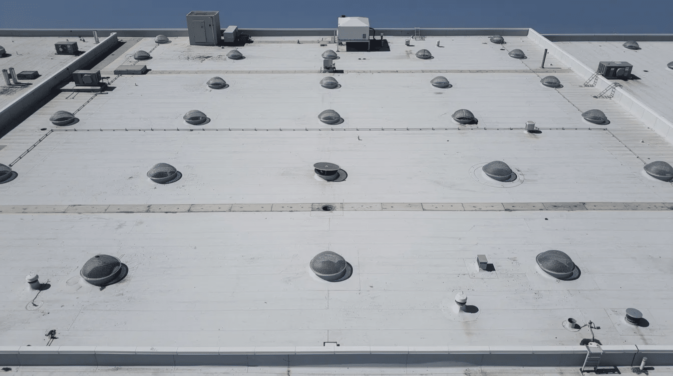The image shows an overhead view of a large flat commercial roof featuring multiple drain locations with dome strainers visible across the roof surface. This layout highlights the importance of a proper drainage system to prevent ponding water and ensure effective water flow, crucial for maintaining the roofing system of commercial properties.