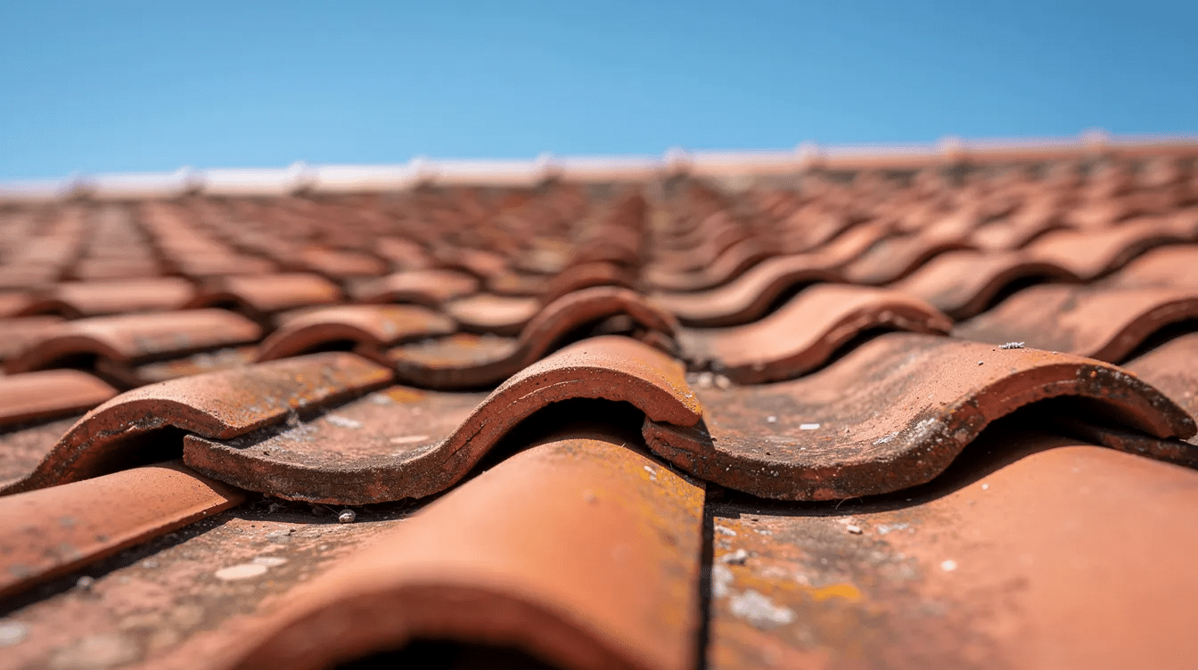 A close-up view of red clay roof tiles is shown against a clear blue sky, highlighting the quality roofing materials used. This image emphasizes the importance of regular roof inspections to prevent issues like roof leaks and costly repairs in the San Antonio area.