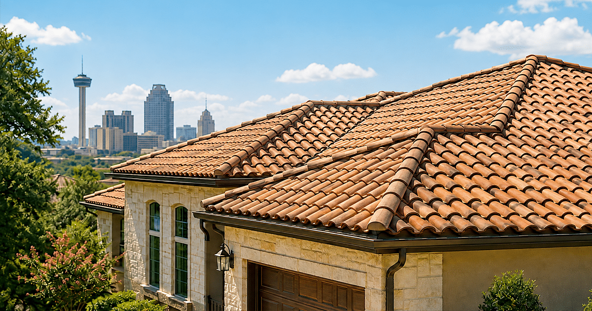 Clay tile roof on a San Antonio home with the city skyline in the background.