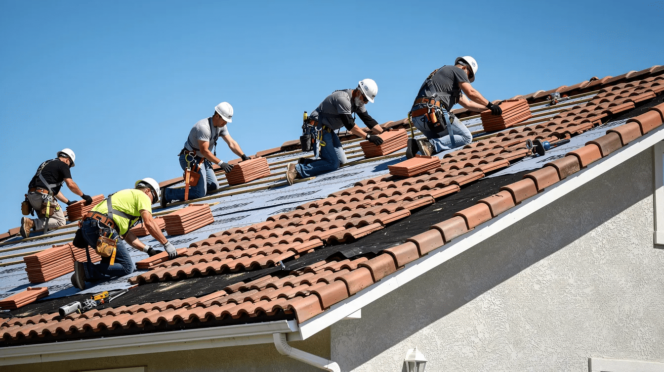 A team of roofing workers is carefully removing clay tiles from a residential roof on a clear day, focusing on potential roof leak repair and inspection to prevent costly repairs from water intrusion and structural damage. The scene highlights the importance of regular maintenance and quality materials in maintaining the integrity of roofs in the San Antonio area.
