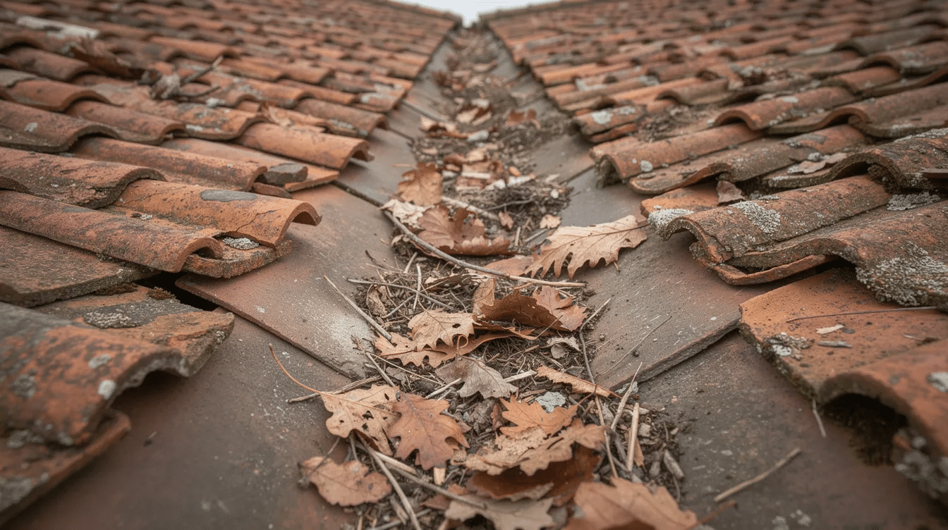 The image shows a roof valley area covered with fallen leaves and natural debris nestled between clay tiles, indicating potential issues such as water intrusion and the need for roof leak repair. Regular maintenance and thorough inspections can help prevent costly repairs related to damaged shingles and structural damage in the San Antonio area.