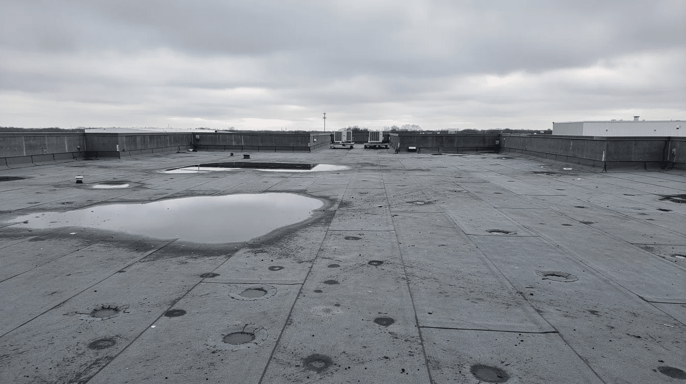 The image shows a flat commercial rooftop with visible impact marks from hail damage and several puddles of standing water, highlighting why commercial property owners should arrange a roof inspection after a hail storm.