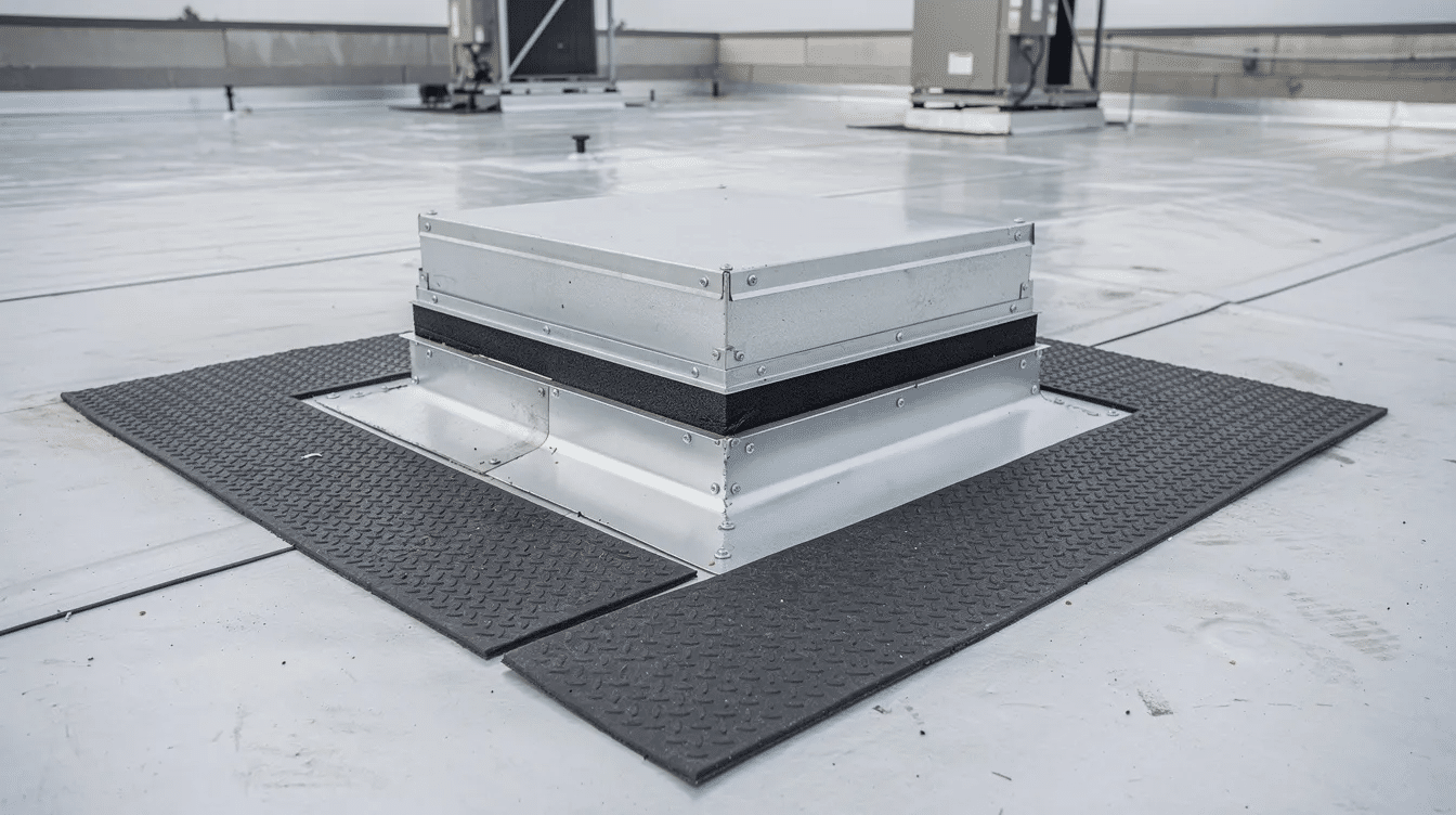 The image shows a close-up view of a properly installed rooftop HVAC curb, featuring metal flashing and walkway pads on a commercial roof. This installation is essential for supporting roof-mounted equipment while ensuring the roofing system's long-term performance against environmental factors like wind loads and moisture intrusion.
