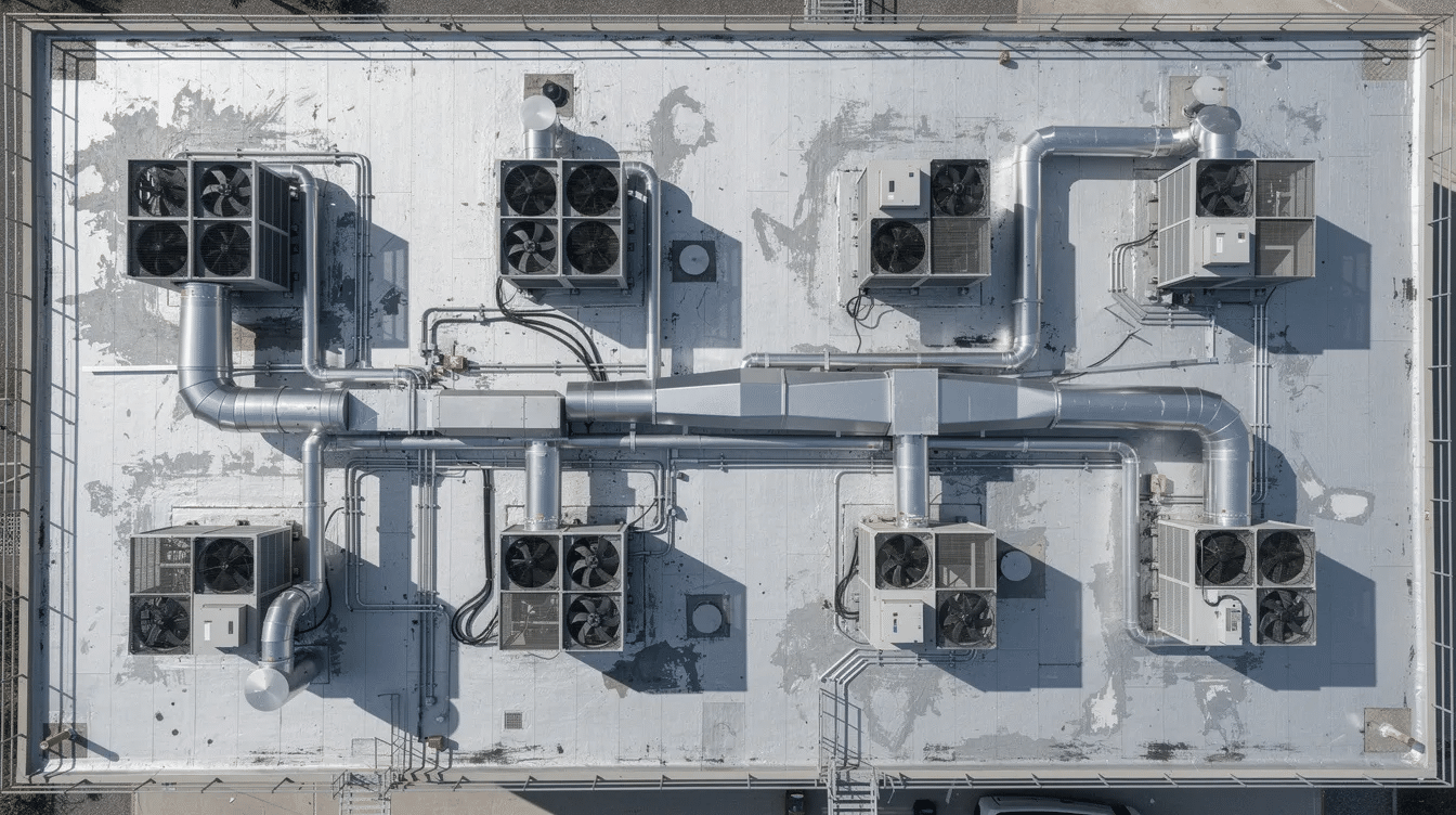 An aerial view of a commercial building rooftop shows a flat roof densely populated with multiple HVAC units, ductwork, and exhaust fans, illustrating the importance of rooftop equipment in maintaining energy efficiency and performance of the roofing system. The arrangement of these roof-mounted components also highlights considerations for roof penetrations and the overall durability of the roof structure under various environmental factors.