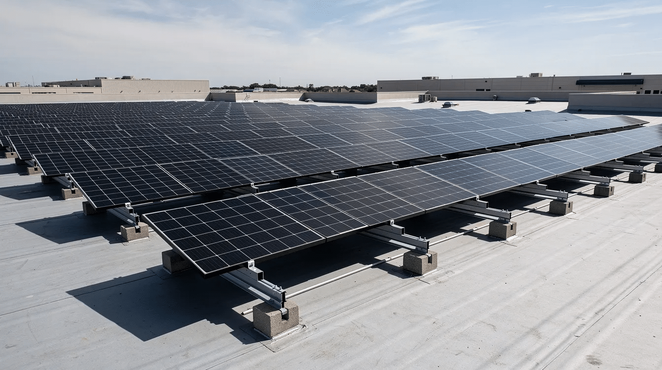 The image shows a solar panel array installed on a flat commercial rooftop, featuring visible ballasted mounting racks that secure the solar panels to the roof structure. This rooftop equipment enhances energy efficiency while also considering factors such as wind loads and roof performance.