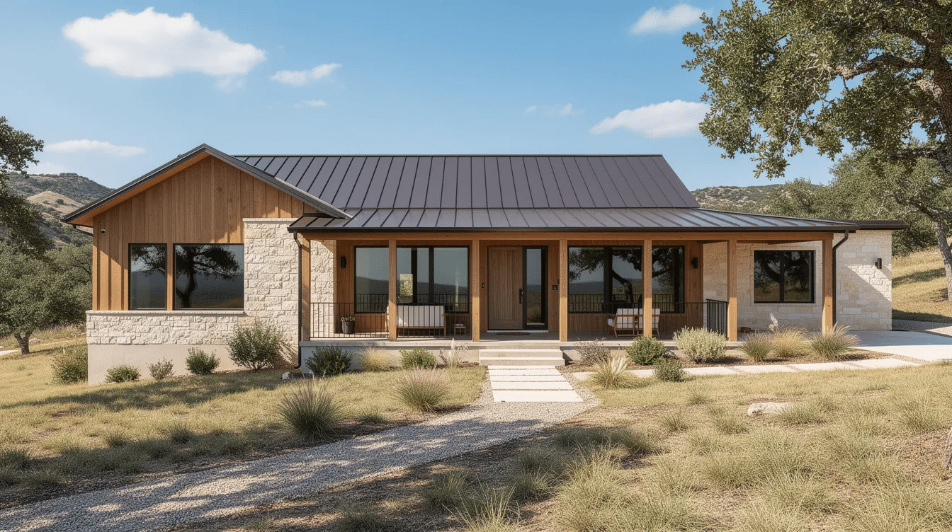 The image shows a residential home in the sunny Texas Hill Country, featuring large windows that reflect the bright sunlight, highlighting their energy efficiency. The scene suggests that homeowners may consider window replacement options for improved insulation and reduced energy bills, particularly if their existing windows are aging or drafty.