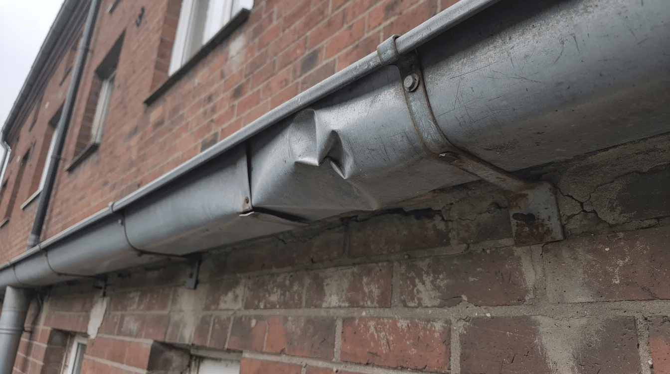Close-up of dented gutters on a multifamily apartment building after a hail event, providing visible evidence that the property was exposed to severe weather.
