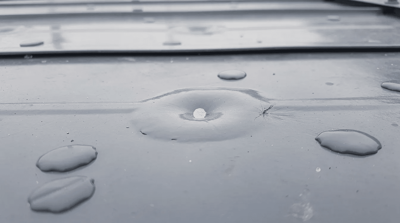 The image shows a close-up view of a metal roof panel with circular dents caused by hail impact, illustrating visible commercial roof damage that should be evaluated for cosmetic and functional concerns.
