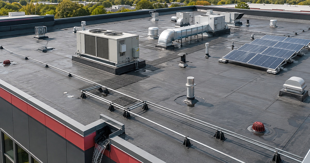 Commercial low-slope roof with rooftop HVAC units, solar panels, ductwork, vents, conduit supports, roof penetrations, drains, and walkway pads illustrating how rooftop equipment affects commercial roof performance.