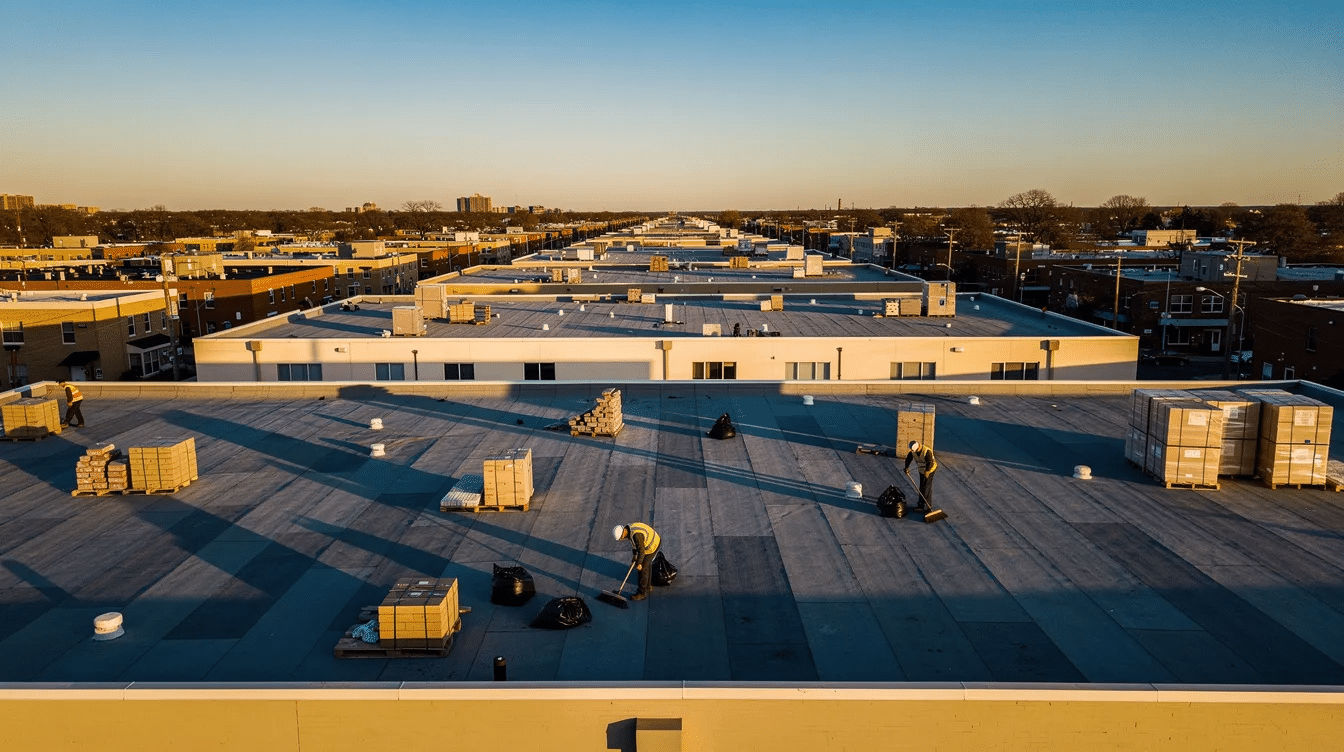 The image shows property managers assessing a rooftop covered in debris after a severe weather event, highlighting the importance of a professional roof inspection to identify hail damage and necessary repairs. Visible signs of damage, such as missing shingles and water stains, suggest the need for immediate action to protect the multifamily property from further damage and costly repairs.