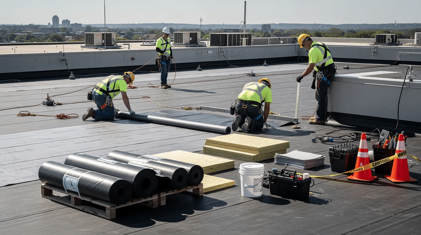 Roofing professionals working on a multifamily or commercial low-slope roof, illustrating the importance of professional roof inspections and planned repairs after severe weather.