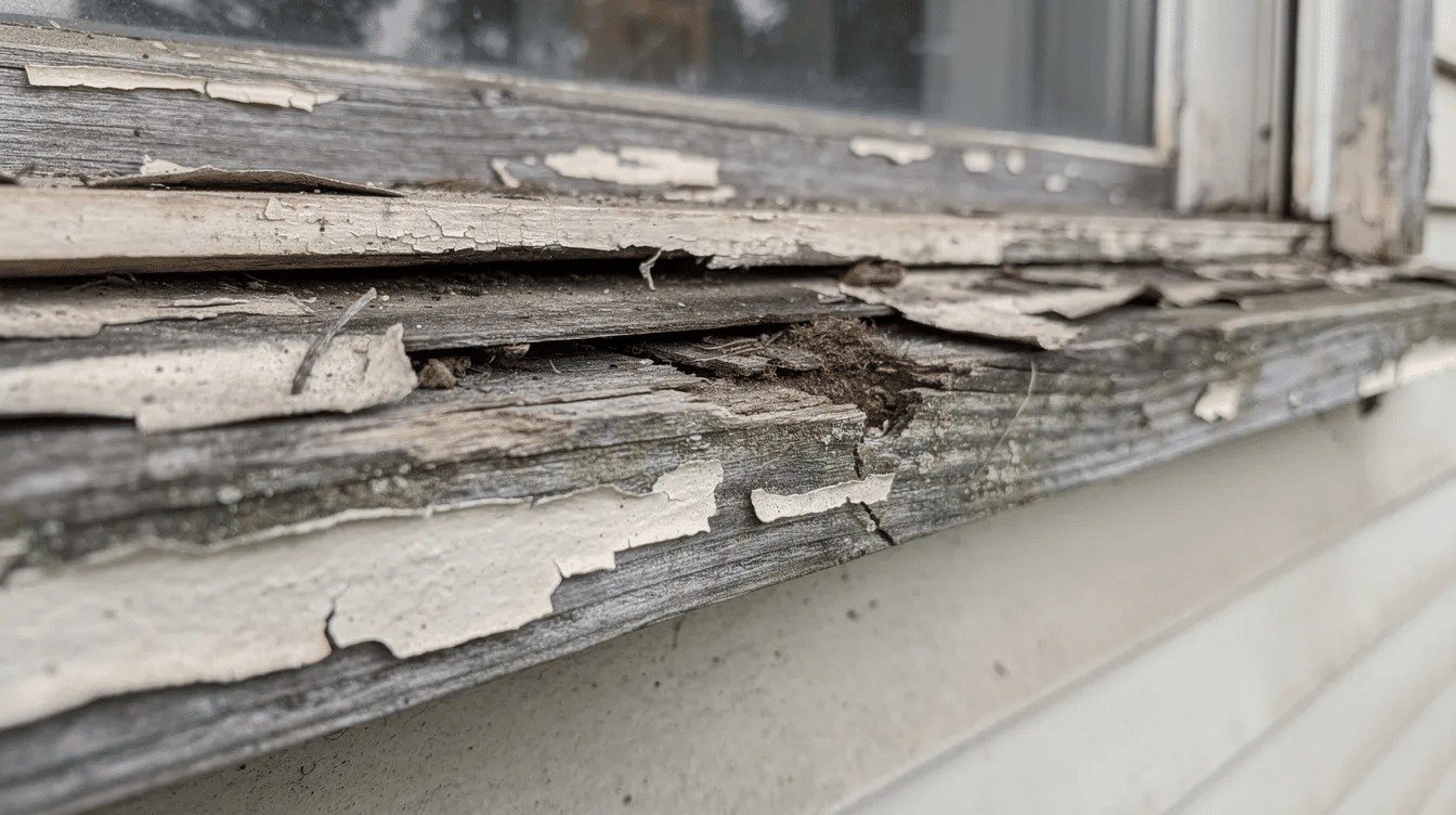 The image depicts a weathered wood window sill with visible signs of rot and peeling paint, indicating the need for window replacement. This deterioration can lead to issues such as air leaks and higher energy bills, suggesting it's time to consider replacing your windows for improved energy efficiency and curb appeal.