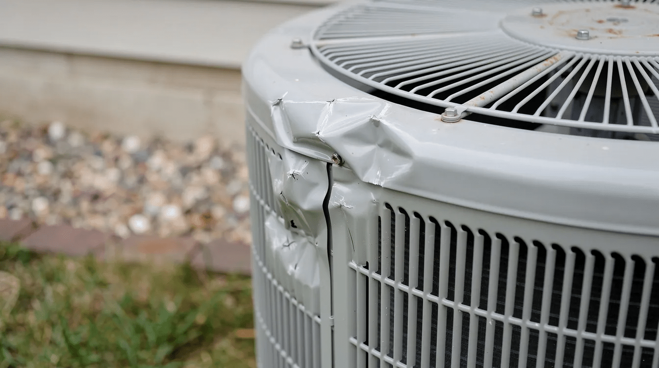 A close-up image of a residential air conditioning condenser unit shows visible dents on its metal housing, indicating potential hail damage from a recent hailstorm. This damage may signal a need for a roof inspection to assess the overall condition of the roof and its materials, particularly for San Antonio homeowners.