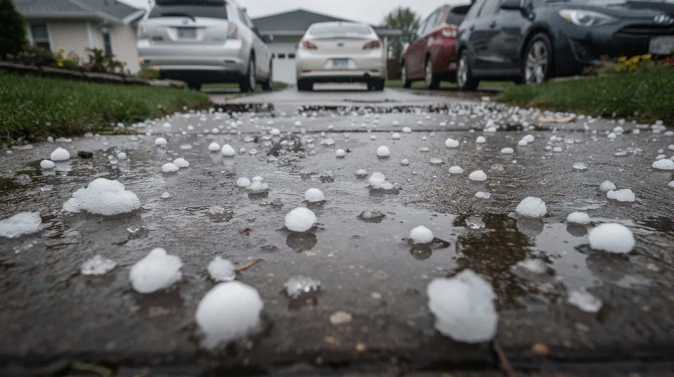 The image shows a driveway covered with scattered hailstones after a spring storm, highlighting the potential for hail damage to roofs and property in the San Antonio area. The presence of large hail on the ground serves as a reminder for homeowners to inspect their roofs for any signs of damage, such as missing shingles or dents in roofing materials.