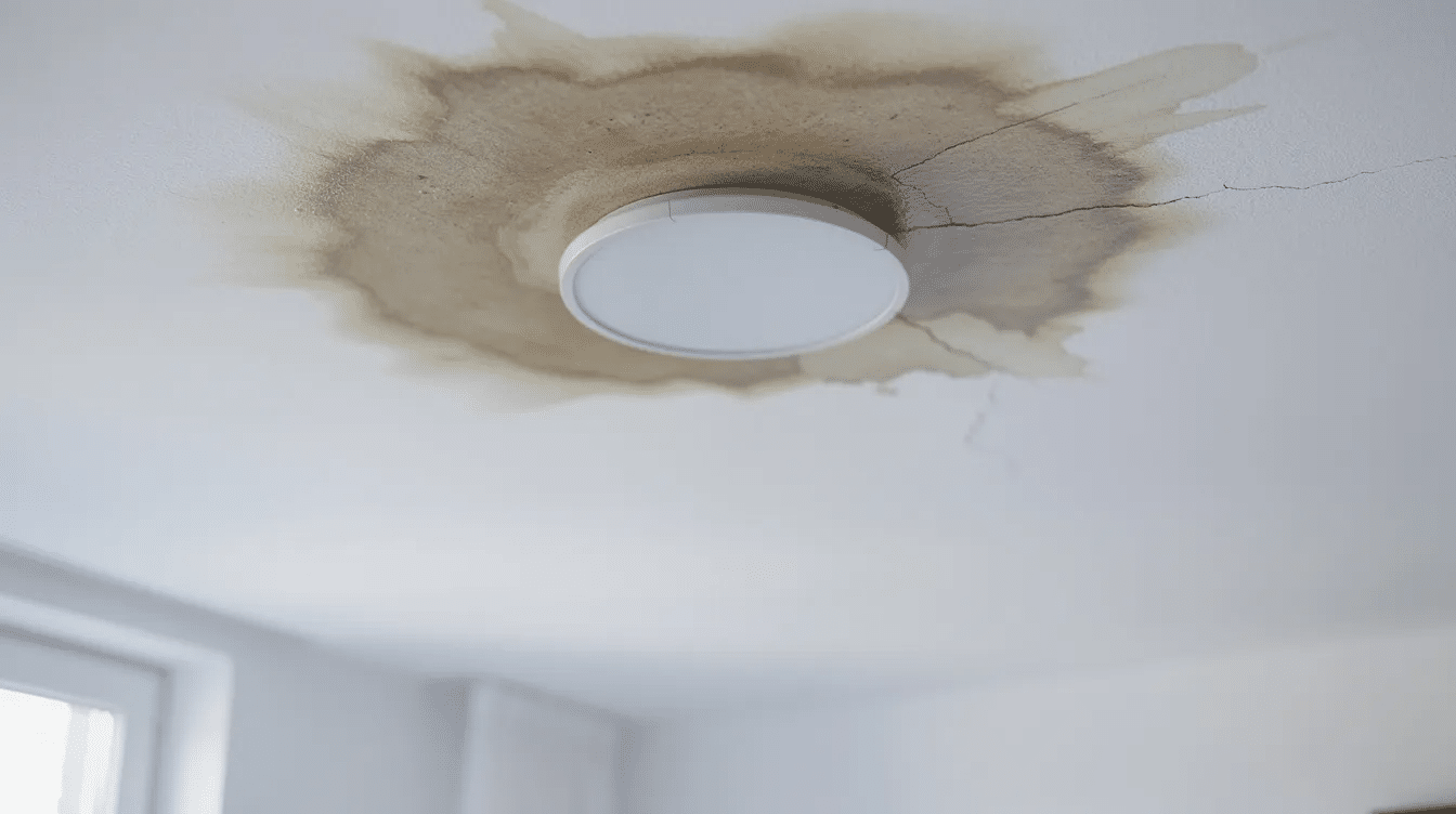 Water stain on an apartment ceiling after a hailstorm, showing possible roof water intrusion that multifamily property managers should document and investigate.