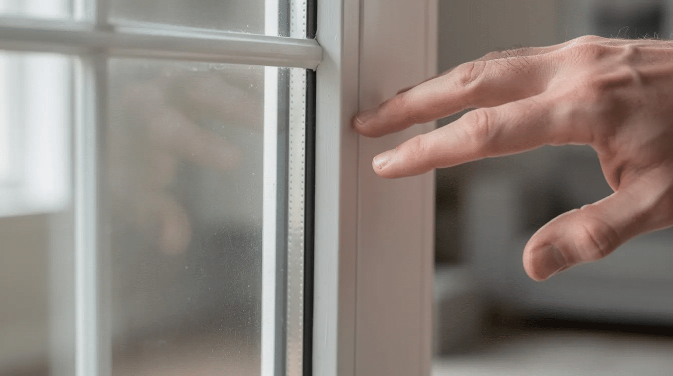 A close-up image shows a homeowner's hand positioned near the edge of a closed window frame, checking for drafts that may indicate the need for window replacement. This action highlights concerns about energy efficiency and the potential for higher energy bills due to leaky or drafty windows.